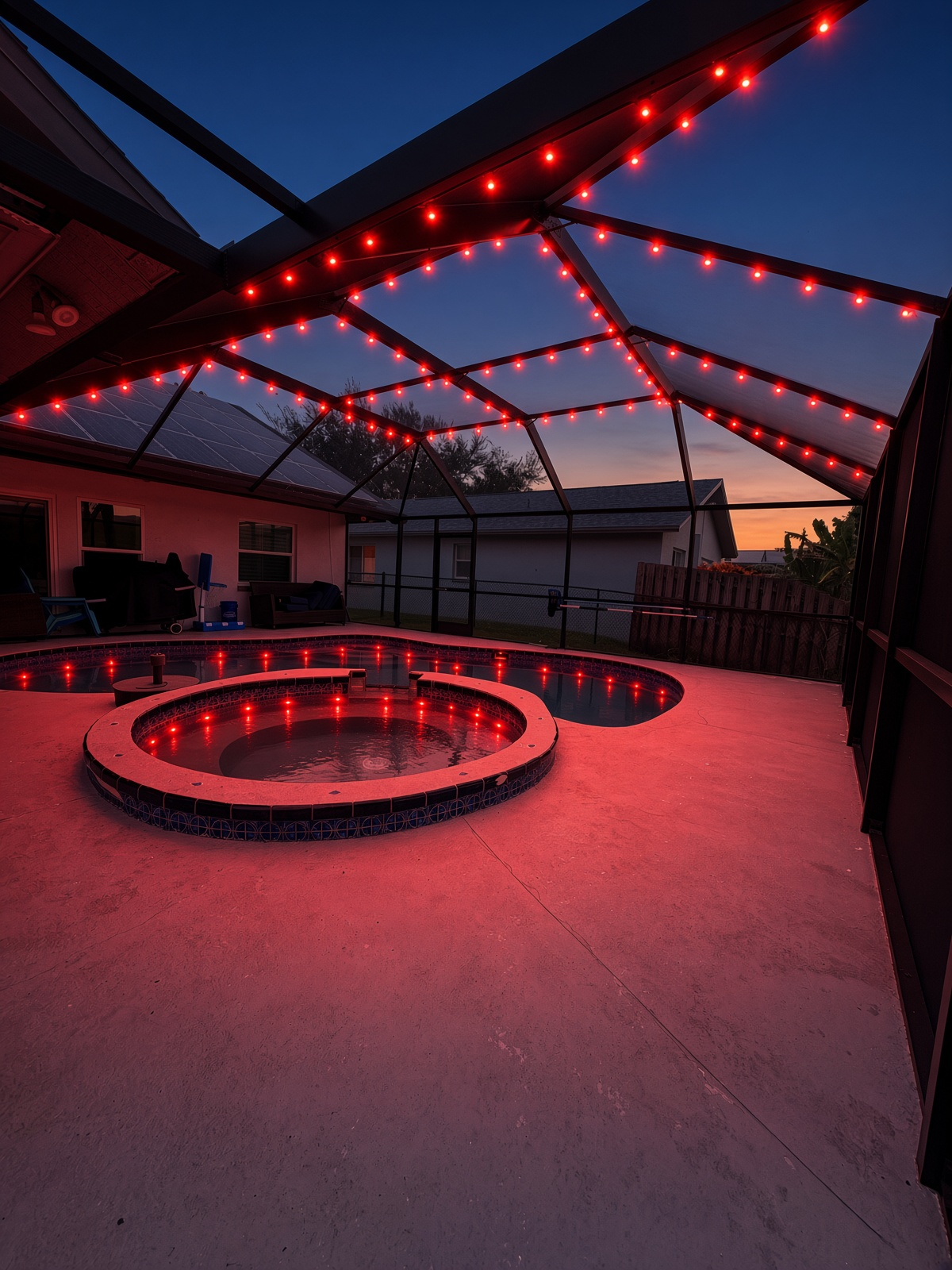 Permanent lanai lighting on a Florida pool cage — puck lights on the aluminum beams