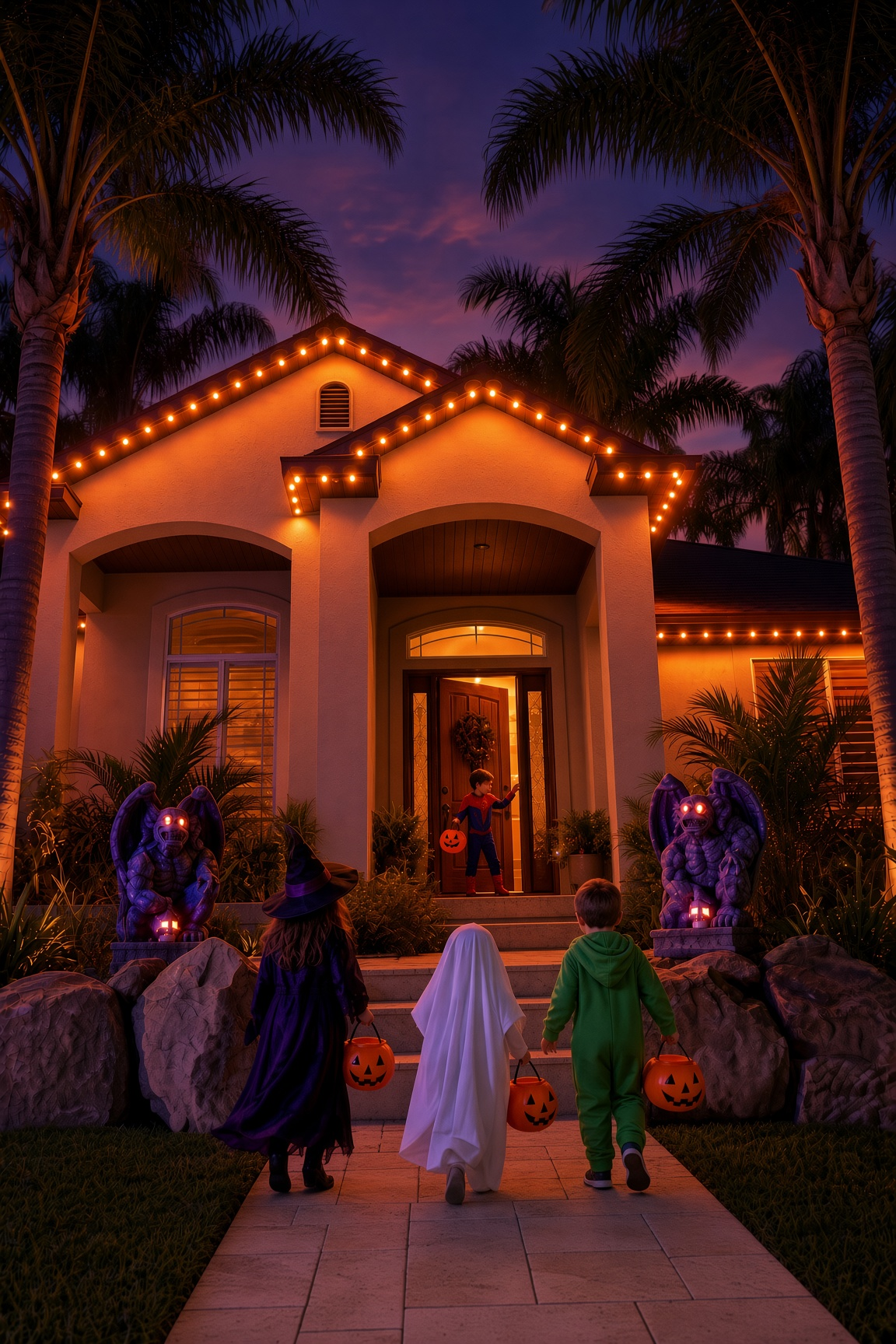 Year-round outdoor lighting on a Pinellas County home — holiday and everyday color at night