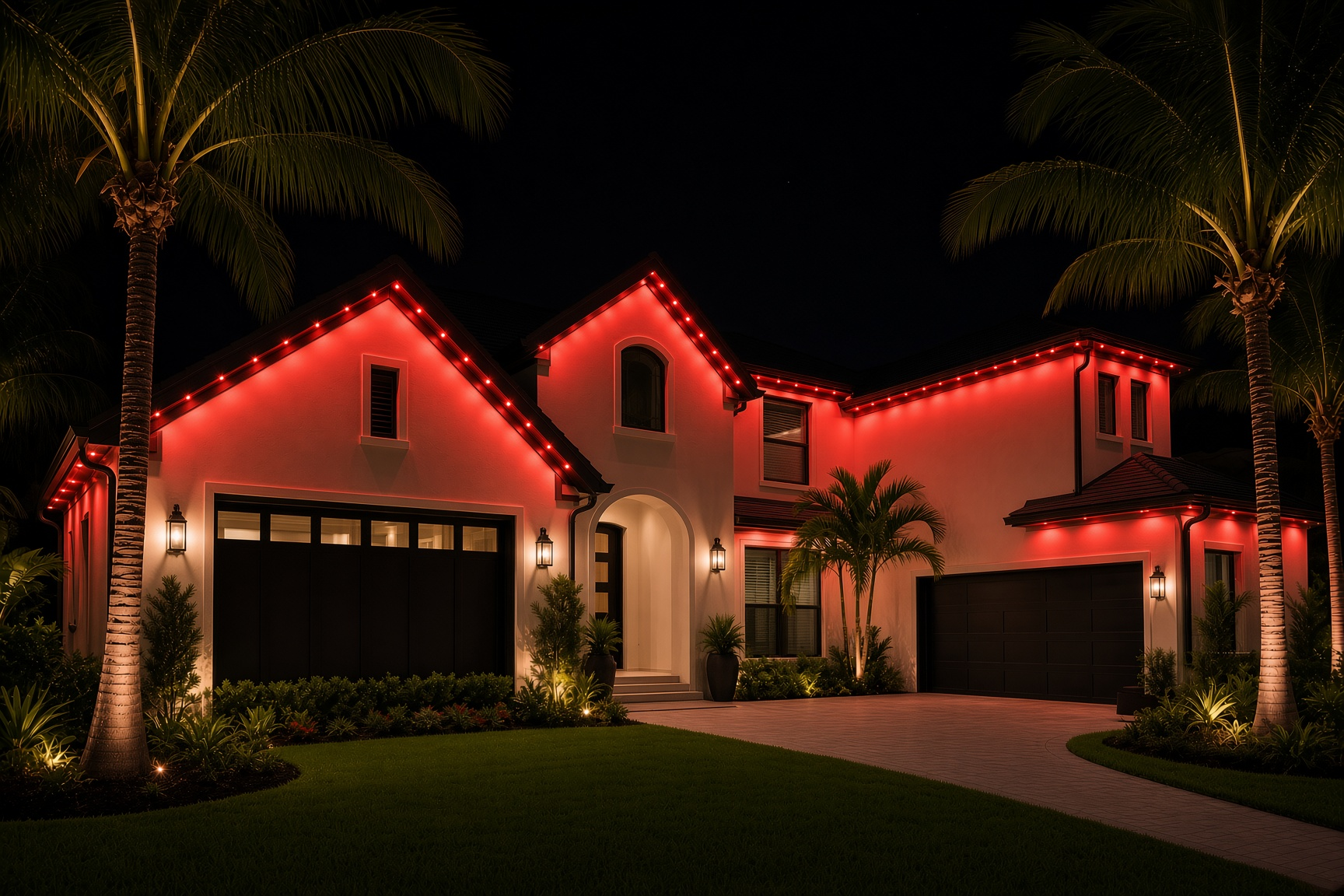 Year-round outdoor lighting on a Pinellas home after Christmas — quiet architectural glow