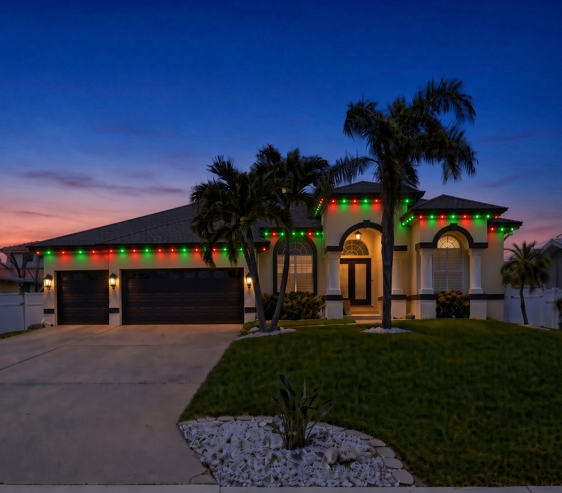 Largo home at night with permanent Christmas lights on the roofline