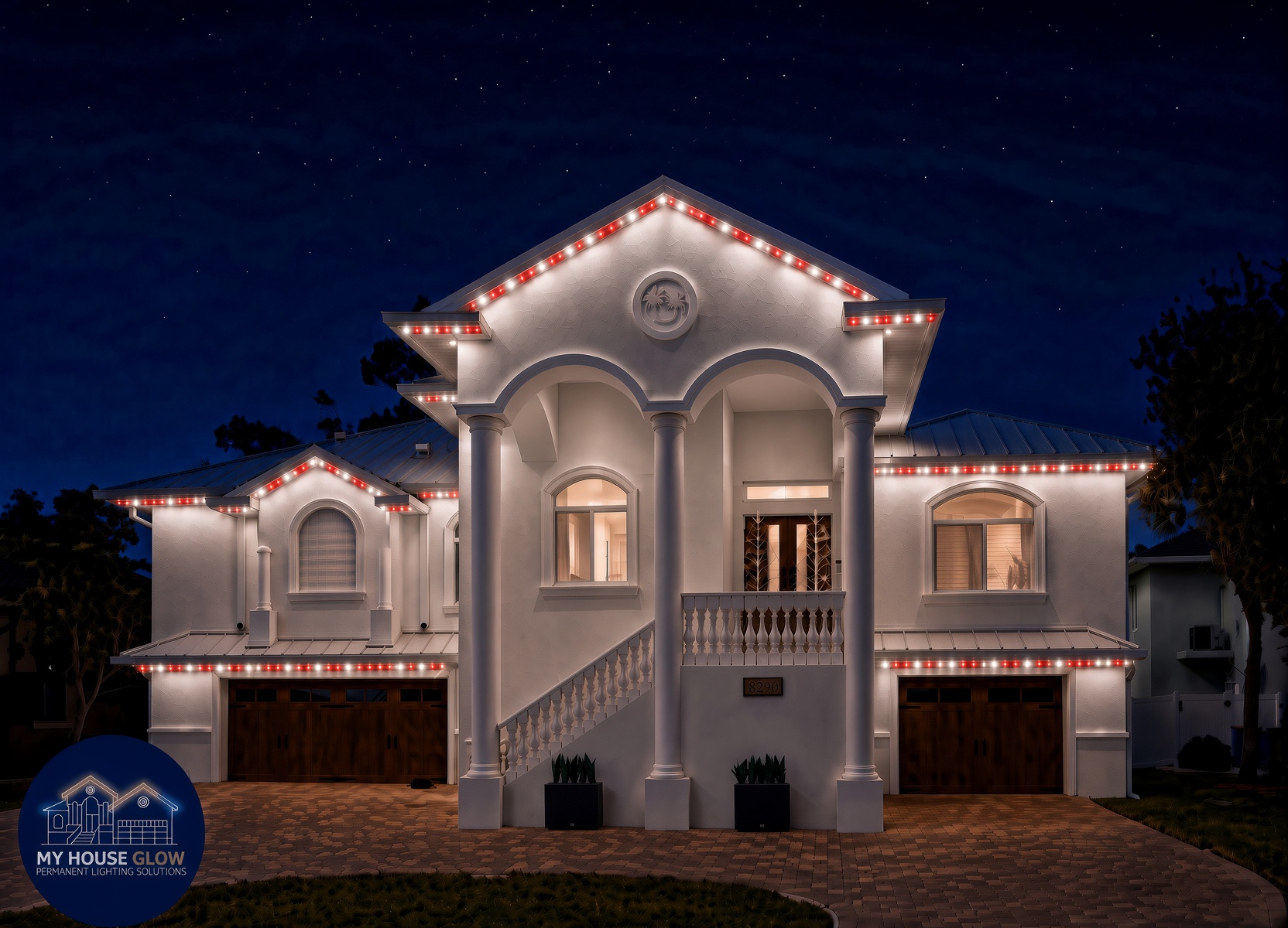 Permanent holiday lights on a Pinellas County roofline at night