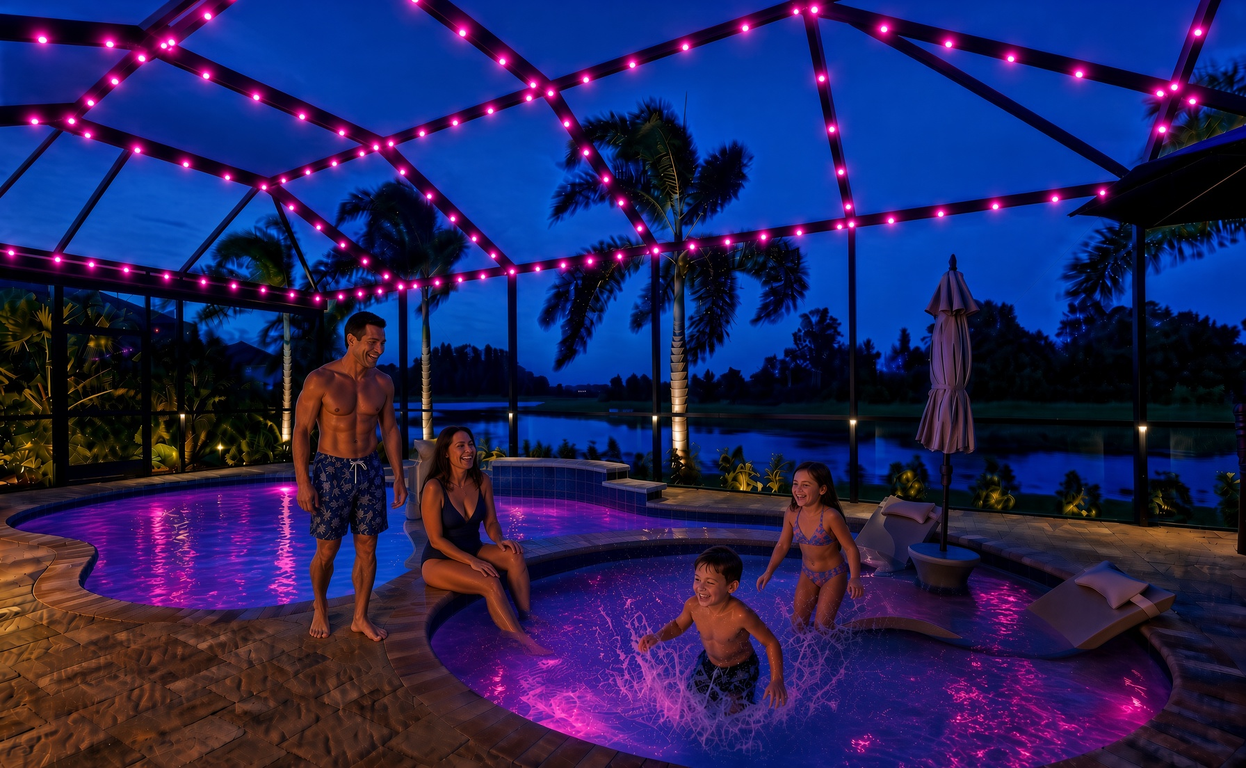 Family using the pool under color puck lighting on the cage