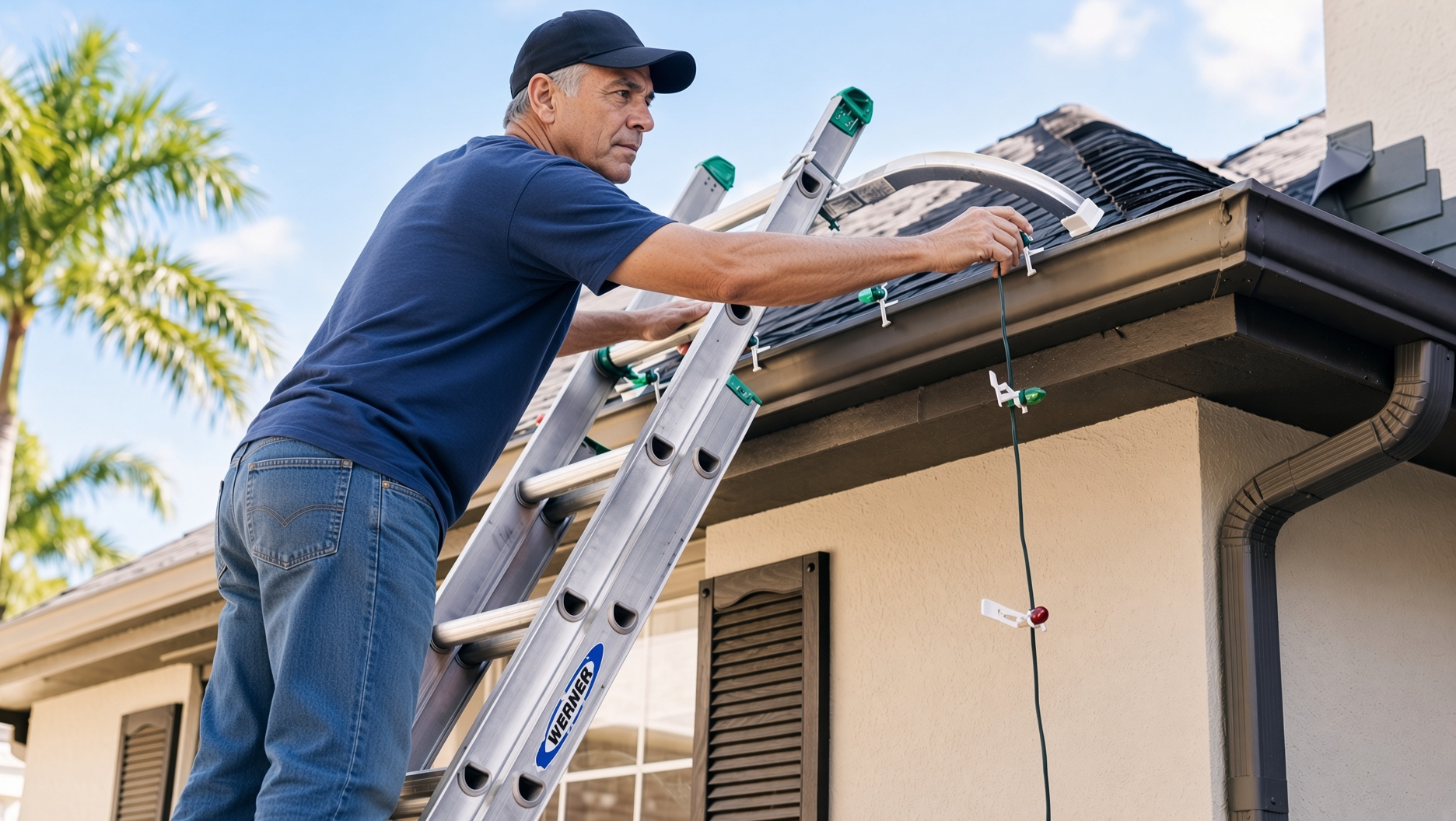 Temporary Christmas lights on a home — the ladder-and-string cycle that year-round outdoor lighting replaces