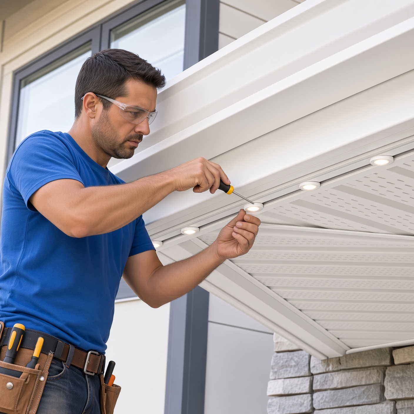 Permanent lights being installed on a Tampa Bay roofline