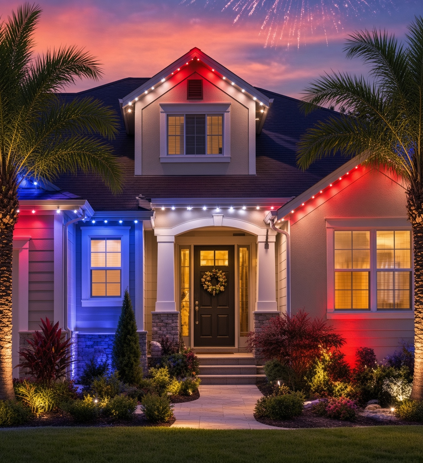 Year-round outdoor lighting on a Pinellas County home — permanent architectural glow at night