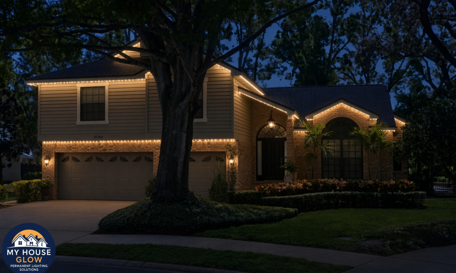 The same house with permanent warm-white lights on the roofline at night