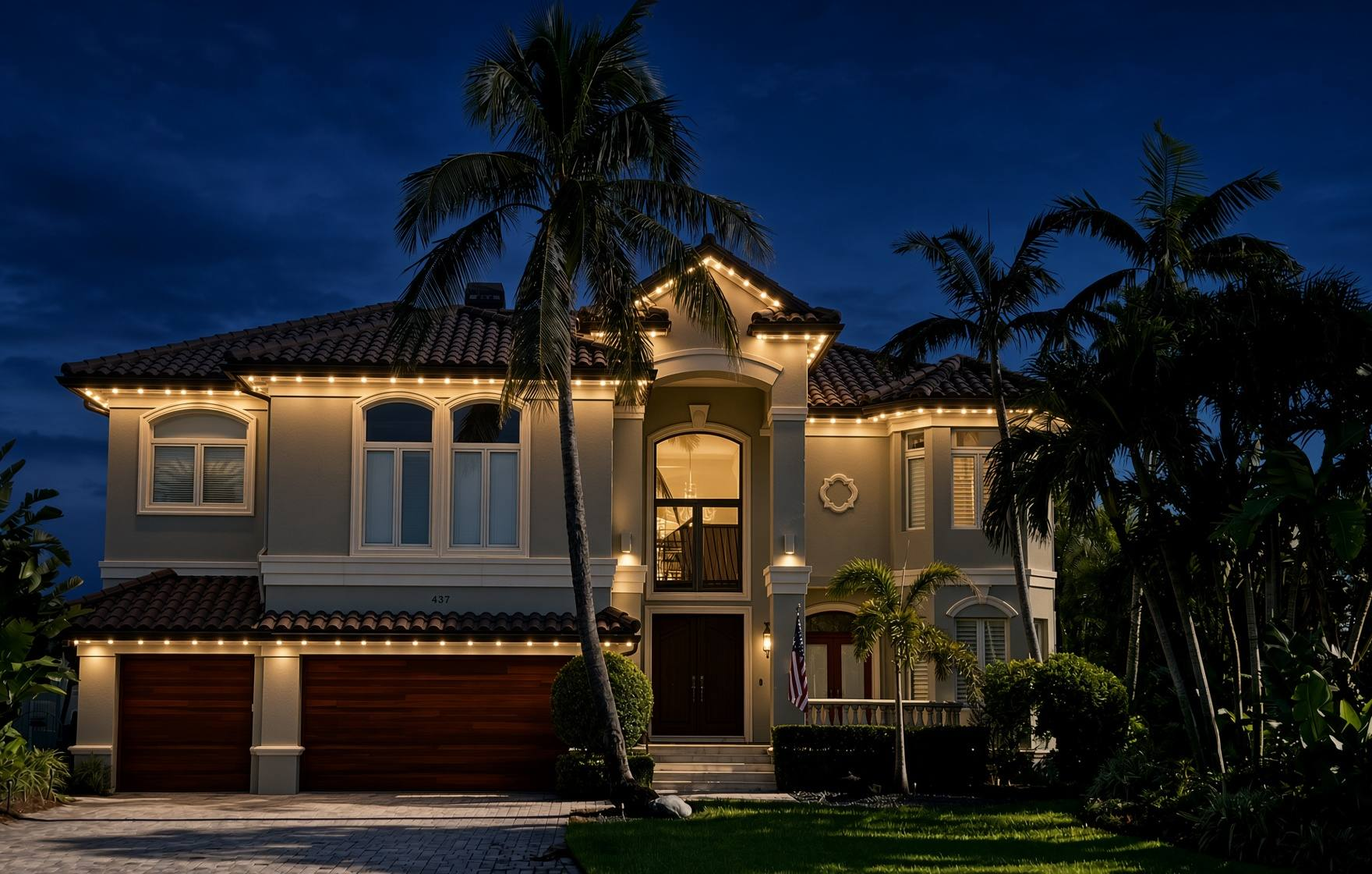 St. Petersburg home with permanent architectural lighting at night